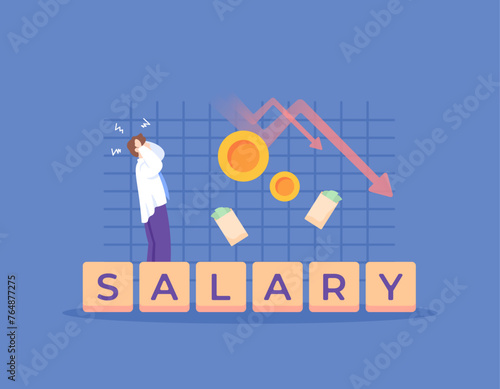 illustration of a worker or employee who is shocked because his salary has decreased. wages are decreasing. salary deduction. financial, income and employment problems. flat style illustration concept