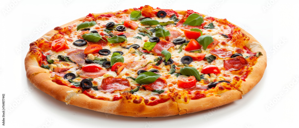 Pizza with fresh tomatoes, olives and basil isolated in white background. Pizza with fresh tomatoes, olives and basil isolated in white background.
