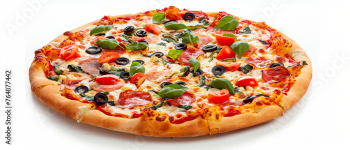 Pizza with fresh tomatoes, olives and basil isolated in white background.