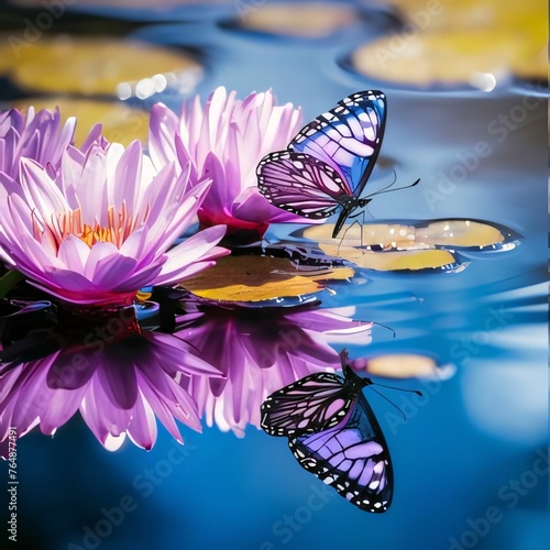 Beautiful purple lotus and butterfly on the water surface with reflection #764877491