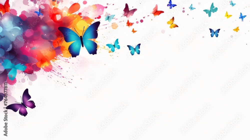 Colorful butterflies background with watercolor splashes and space for text