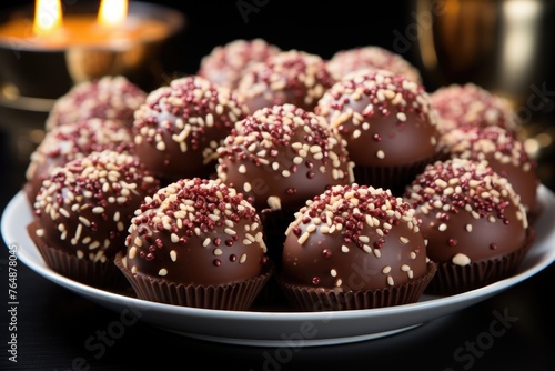 Brazilian candy called Brigadeiro, chocolate candy with granulated served at child, generative IA