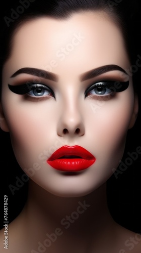 A woman with red lips and black eyeliner