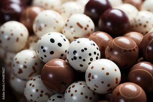 Capture of candy balls made of white and dark chocolate, generative IA