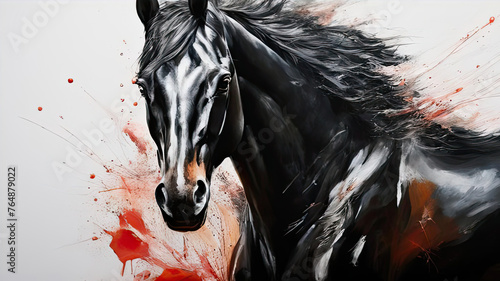 oil painting with a portrait of a beautiful black stallion on a gray background. the head of a powerful horse is drawn with large strokes