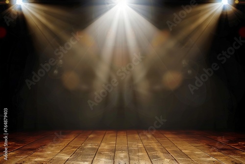 illustration of concert spot lighting over dark background and wood floor. generative ai.
