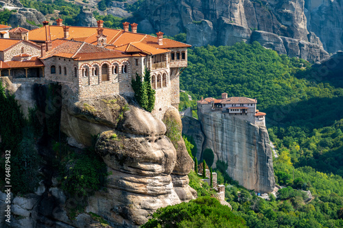 Obraz na płótnie Monastery Meteora Greece. Stunning summer panoramic landscape. View at mountains and green forest against epic blue sky with clouds. UNESCO heritage list object. w salonie