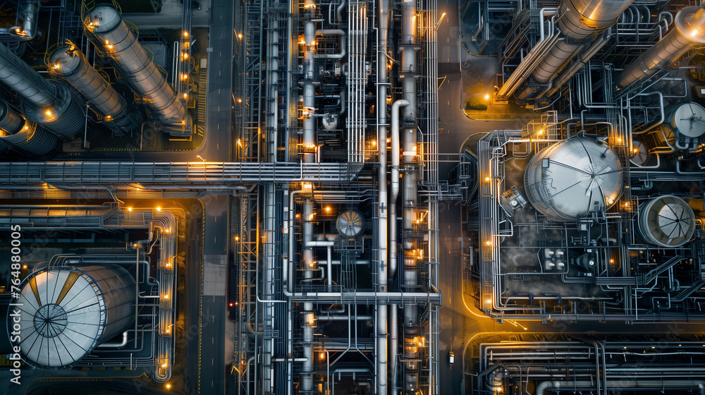 Aerial shot of a complex industrial plant showing detailed pipework and storage tanks with illumination at twilight.