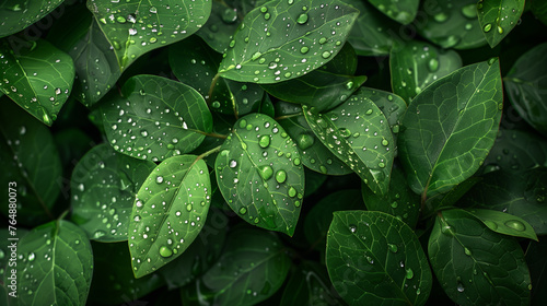 Close-up green leaves glisten with crystal-clear raindrops, showcasing post-rain beauty.