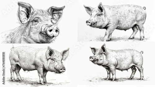 Highly detailed black and white pencil sketch of a domestic pig standing on the ground.