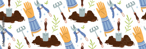 Garden growing tools pattern. Agriculture Items shovel, Hole of earth, yellow gardening gloves, rake