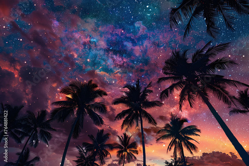 Cosmic Canopy, Palm Trees Silhouetted Against a Starry Tropical Twilight Sky © Qmini