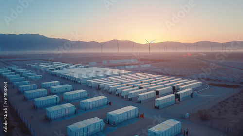 An expansive energy storage system alongside a wind farm, captured at sunrise, illustrates the integration of renewable energy solutions, backbone of renewable systems.