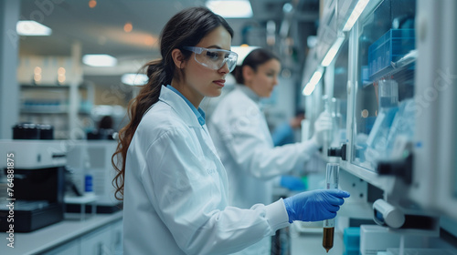 A focused female researcher conducting experiments in a modern lab, examining a test tube with a potential breakthrough.