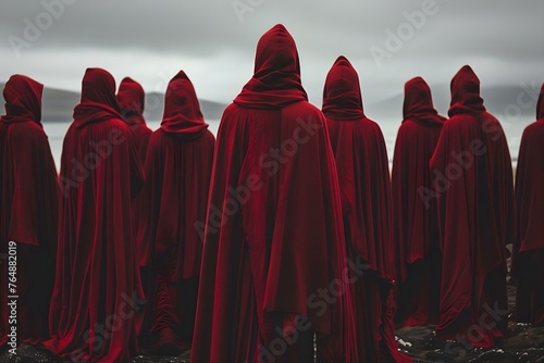 Mysterious figures in red cloaks gather hinting at a secretive society shrouded in intrigue. Concept Mysterious Figure Gatherings, Red Cloak Society, Secretive Meetings, Intriguing Society