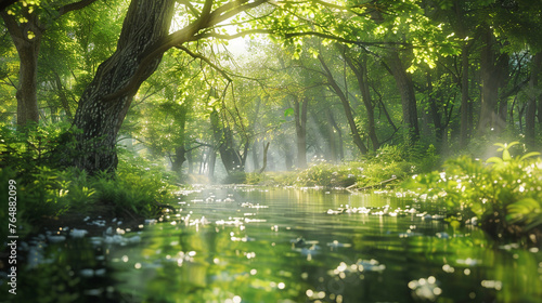 小川が流れる新緑の森2 photo