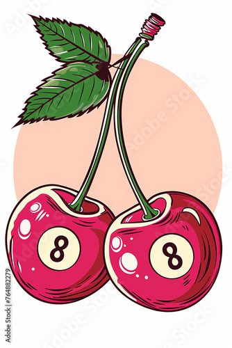 Whimsical Eight Ball Cherries Illustration, Aesthetic Poster Design
