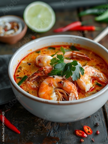 Steaming Bowl of Authentic Thai Tom Yum Goong Soup Filled with Juicy Shrimp and Aromatic Spices