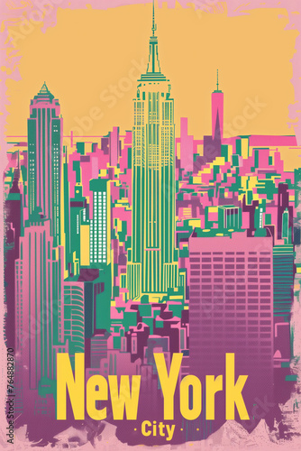 Vintage Pop Art New York City Skyline Poster in Vibrant Colors 