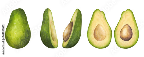Avocado fruit banner whole and halves, with seed. Botanical vegetable clipart. Vegan dietary food painting. Hand drawn watercolor illustration isolated on white background. For menu design