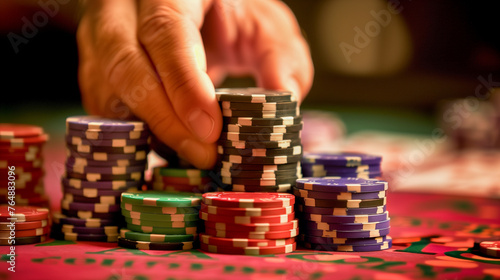 Casino gaming atmosphere, detailed shot of hands and chips, glimmering lights creating an inviting mood.