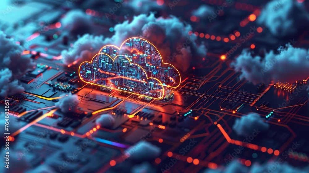 Cloud computing infrastructure depicted as a series of interconnected digital circuits, illustrating the networked nature of modern data processing. Cloud computing infrastructure depicted as a series of interconnected digital circuits, illustrating the networked nature of modern data processing.