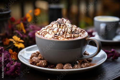 Hot chocolate closeup in a ceramic mug on the fall table or cozy winter still life, generative IA