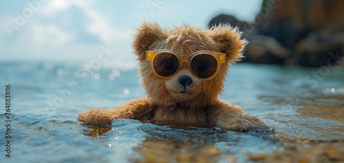cute teddy bear wearing sunglasses swimming in waterfall pool, happy summer vacation time, Generative Ai   © QuietWord