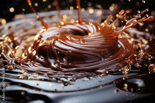 Close-up spilling splashes of liquid chocolate crown in a chocolate pool with side, generative IA photo