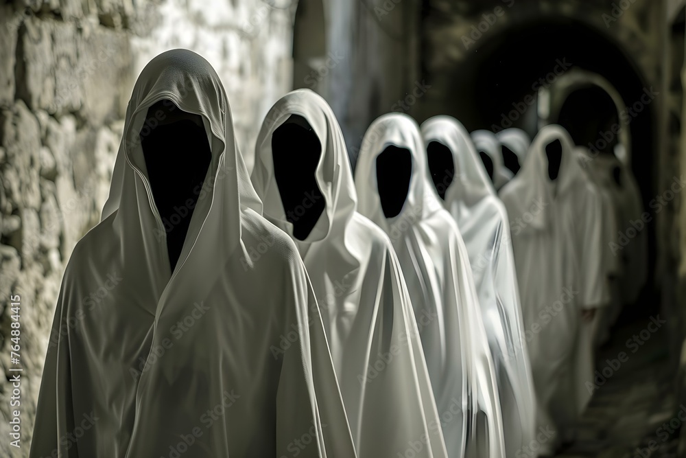Whiteclad Nazarenes in a Holy Week procession a group of hooded Christians in a religious event. Concept Religious Procession, Holy Week, Christian Tradition, Nazarenes, Cultural Festivities Whiteclad Nazarenes in a Holy Week procession a group of hooded Christians in a religious event. Concept Religious Procession, Holy Week, Christian Tradition, Nazarenes, Cultural Festivities