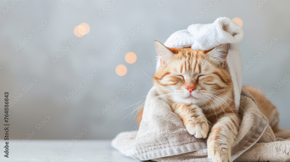 A ginger cat enjoys a rest with a towel turban on its head, in front of warm glowing bokeh lights