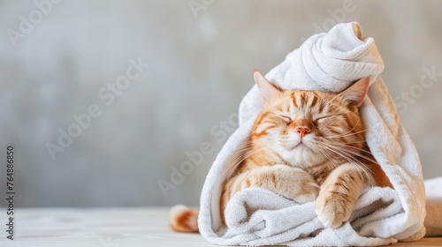 An adorable ginger cat is comfortably wrapped in a soft white towel, enjoying a post-bath relax session, exuding coziness photo