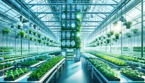 High-tech greenhouse, advanced sensors and automated systems, optimal growing conditions.