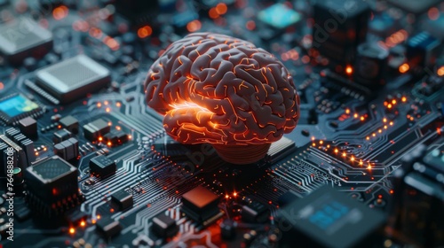 Neural network model overlaid on a digital circuit board,  illustrating the parallel processing capabilities inspired by the human brain in AI-driven technologies. photo