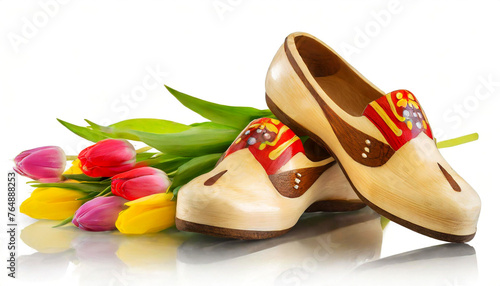 Close-up of a pair of wooden clogs made in Netherlands and tulips, isolated on white background with reflections. Generative Ai.