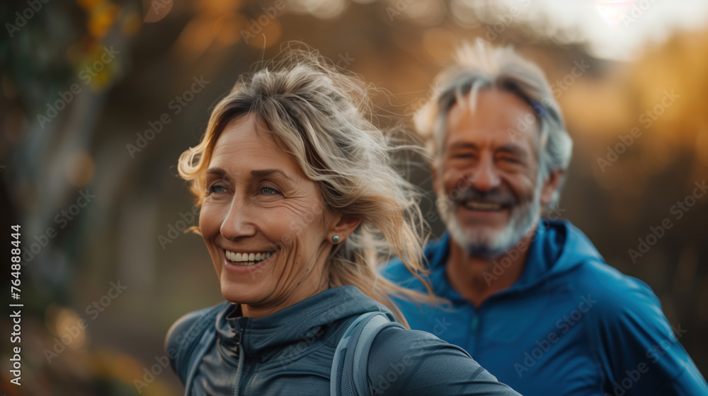 Happy senior couple enjoying an active lifestyle and jogging together outdoors.