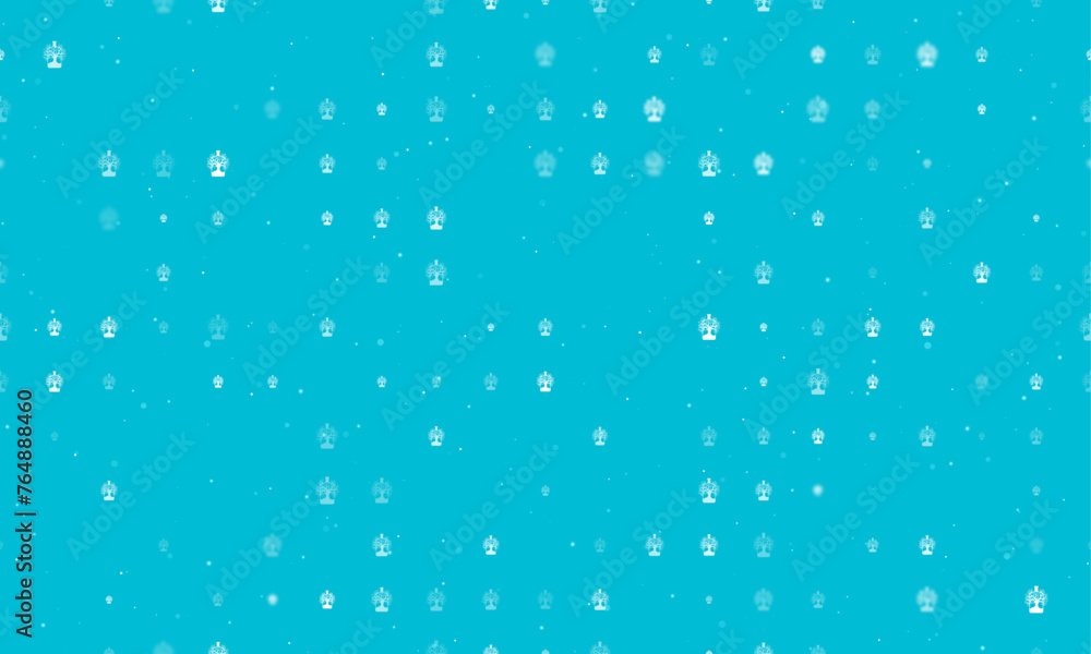 Seamless background pattern of evenly spaced white mystical tree in bottle symbols of different sizes and opacity. Vector illustration on cyan background with stars