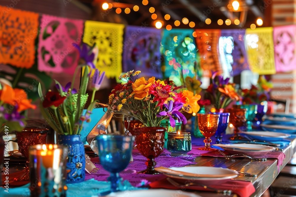 Vibrant table setting with colorful flowers and glassware for a festive event.