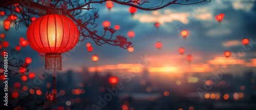 red lantern hanging on tree with twilight sky full of Wish lantern floating on sky, Generative Ai