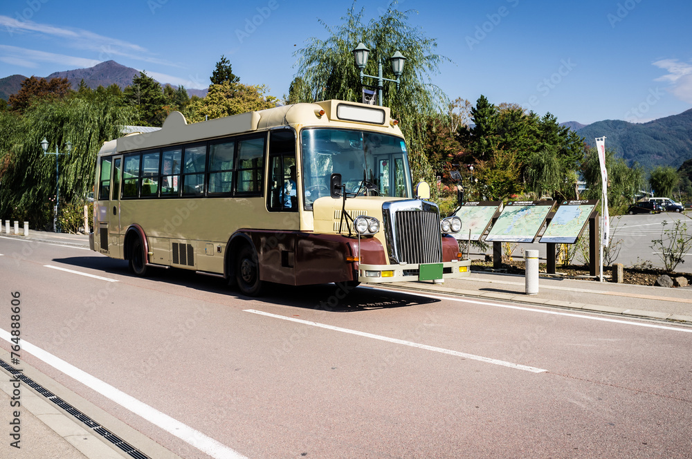 Naklejka premium classic old retro tourist shuttle bus in Kawaguchiko, Japan.