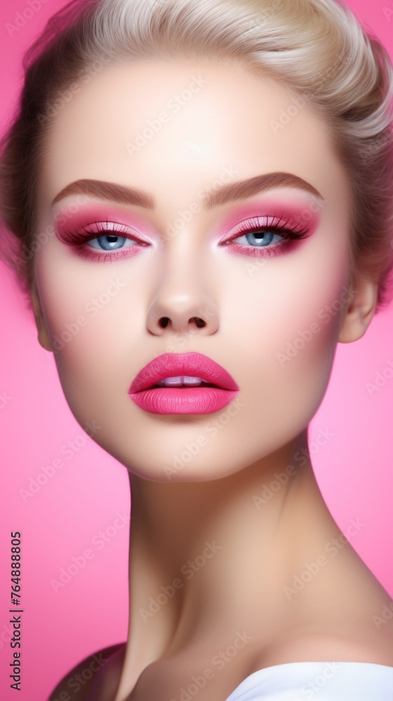 A woman with pink lipstick and blue eyeshadow A woman with pink lipstick and blue eyeshadow