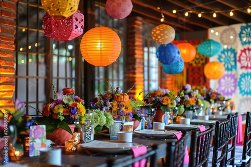 Colorful festive table setting with bright lanterns and flowers.