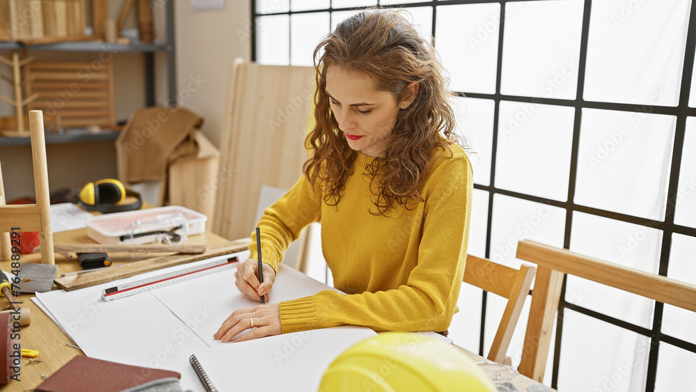 A focused woman in yellow sweater drafts plans at a cluttered carpentry workshop table. A focused woman in yellow sweater drafts plans at a cluttered carpentry workshop table.