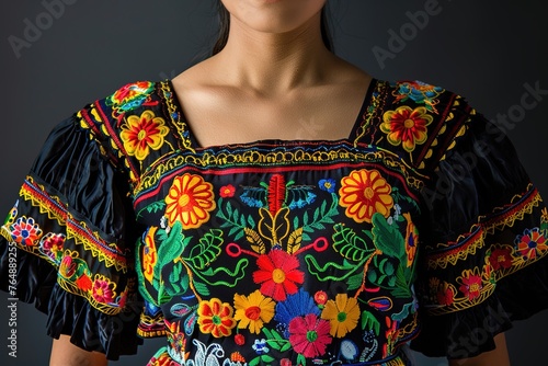 Colorful embroidered floral pattern on a traditional Mexican dress. © Larisa