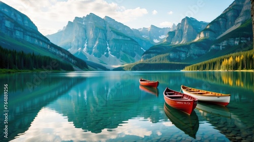 Mountain Serenity: Canoes on a Crystal Lake at the Foot of Majestic Peaks