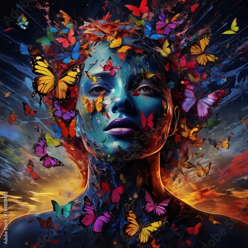 Beautiful woman face with butterflies and fire background. Art design.