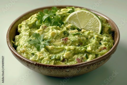 Fresh guacamole in a bowl garnished with cilantro and a slice of lime.
