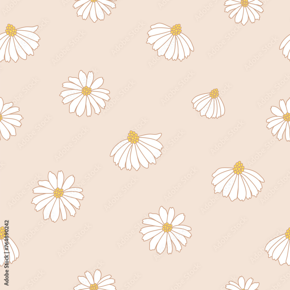Vector illustration. Seamless pattern of delicate daisies, flowers on a beige background. Ditsy floral pattern, field of flowers, print for fabric, textile, wallpaper, baby clothes, wrapping paper Vector illustration. Seamless pattern of delicate daisies, flowers on a beige background. Ditsy floral pattern, field of flowers, print for fabric, textile, wallpaper, baby clothes, wrapping paper