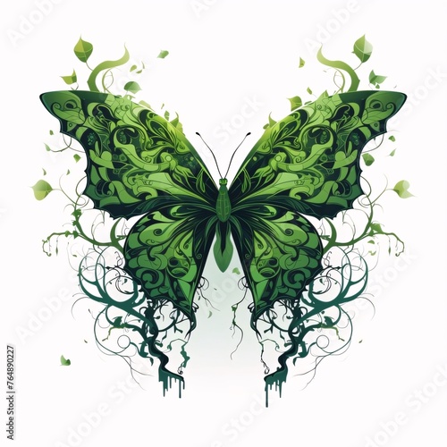 Illustration of green butterfly with leaves and floral elements on white background