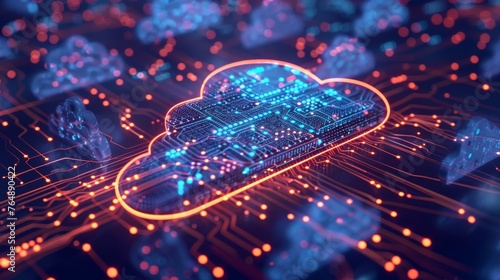 Cloud computing architecture depicted as a digital circuit with interconnected nodes,  showcasing the scalability and interconnectedness of modern computing infrastructures.